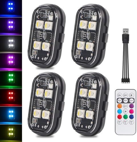 Wireless LED Strobe Lights with Remote Control, KaiDengZhe New upgrade 4PCS 4LED 8 Colors Waterproof Anti-Collision Led Warning Light USB Charing LED Light for Car Drone Truck Motorcycle Aircraft Bike