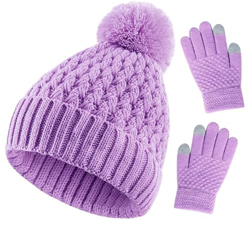 BAOPLAYKIDS Kids Winter Hat and Gloves Set, Girls Warm Knit Beanie Hats Caps with Pom for Toddler 1-6 Years Solid Purple