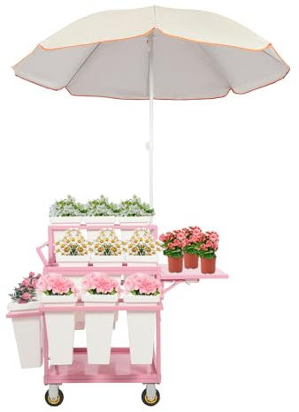 Carrito de exhibición de flores multicapa para exteriores con 18 cubos, soporte de metal móvil para uso comercial, exhibición de flores de jardín y solución versátil de jardinería