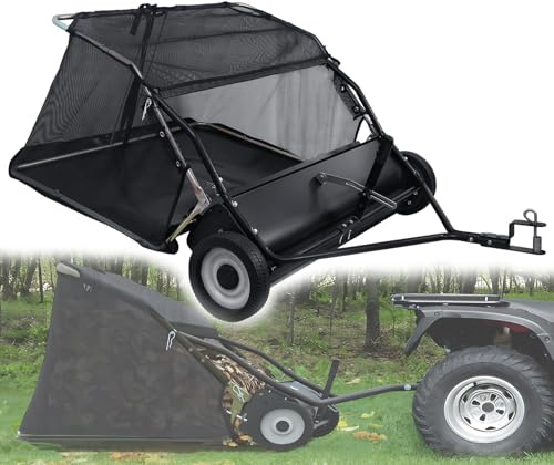 Traino da 112 cm dietro la spazzatrice per prato, con collettore regolabile in altezza, spazzatrice per foglie resistente, capacità 25 cu ft, spazzatrice pieghevole da cortile con corda di scarico e