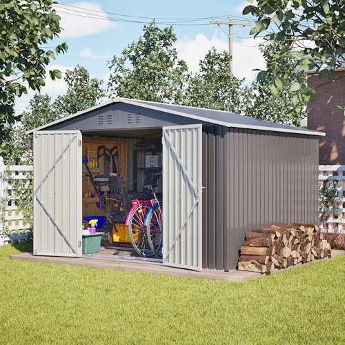 ECLIVON Cobertizo de Jardín Exterior 289x239x191cm, Metálico Caseta de Jardín con Puerta y Ventilación, Cobertizo de Almacenamiento con Techo, Caseta Metal para Herramientas Terraza Patio (Gris)