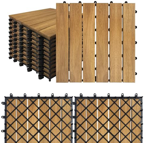 SAILUN 11 Pack Acacia Wood Interlocking Deck Tiles 30x30cm, 1㎡ Wooden Decking Tiles with Click System, Outdoor Floor Tiles for Garden, Patio, Balcony & Terrace (Type A)