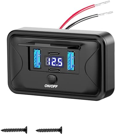 Intckwan USB-uttag 12 V 84 W 4 portar 2 x PD3.0 och 2 x QC3.0 Snabb laddning med strömbrytare och blå LED-voltmeter för husbil, buss, båt, traktor, golfvagn