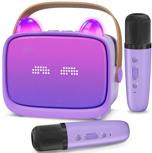 Karaoke Maschine für Kinder mit 2 Kabellosen Mikrofonen, Bluetooth Lautsprecher mit LED Licht, Emoji Display, Stimmeffekten, Handyhalter, Geschenk für Mädchen Jungen, Lila
