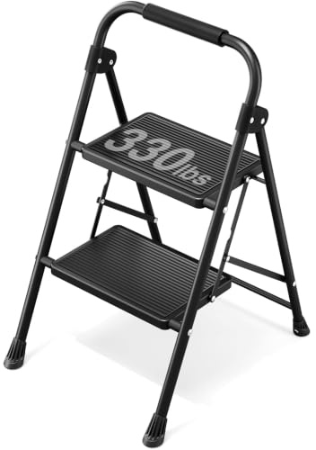 KINGRACK Folding 2-Step Ladder, Non-Slip Pedals, 150kg Load Capacity | Step Stool with Handrail & Safety Lock, Ladder for Home Living Room Office, Black