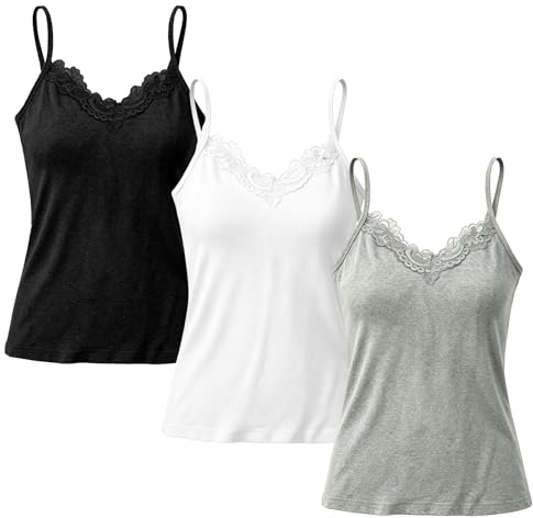 Women's 3-Pack Lace Trim Camisole Tops, V-Neck Stretch Cami Ladies Vest, Basic Sleeveless Layering Shirts