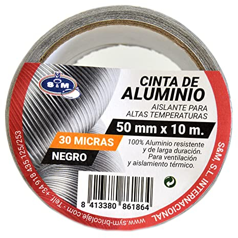 S & M ruban Aluminium noire 50 mm X 10 m (épaisseur 30 microns) saneaplast- ruban adhésif en aluminium multiusos- – rouleau de 10 mètres
