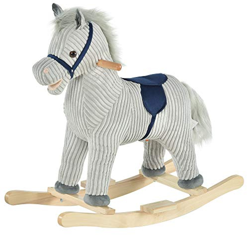 HOMCOM Kids Plush Rocking Horse w/Sound Children Rocker Ride On Toy Gift 3-6 Years Grey