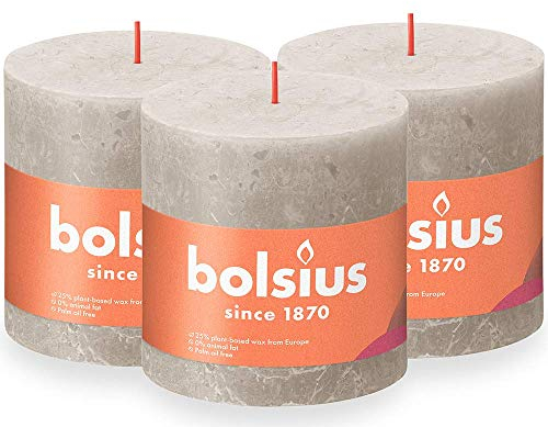 Bolsius Rustik Stumpenkerze XXL - Hellgrau - 3 Stück - 10 x 10 cm - Dekorative Haushaltkerzen - Länge Brenndauer 62 Stunden - Unparfümierte - Enthält Natürliches Pflanzenwachs - Ohne Palmöl