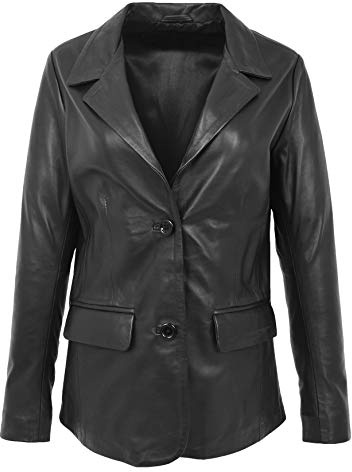 Giacca classica da donna in vera pelle con due bottoni Nero 12