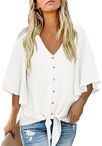 Aokosor Ladies Blouses Womens V Neck Tops with Button Summer Chiffon 3/4 Bell Sleeve T Shirts White Size 20-22