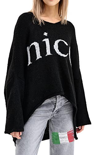 SOVENTUS FASHION Strickpullover Oversize lang grobmaschig Pullover Damen Strick V-Ausschnitt Herbst Winter Grobstrickpullover Pulli Damen, Made in Italy schwarz