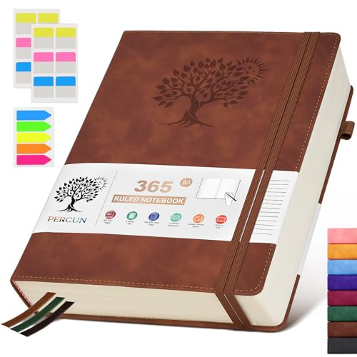 PERCUN A4 Lined Journal Notebook，365 Page Large Leather Journals for Writing Women Men，Hardcover Notebook with 100Gsm Thick Pages for Travel，Work，School，College Ruled, Daily Diary (8.5 x 11.4)