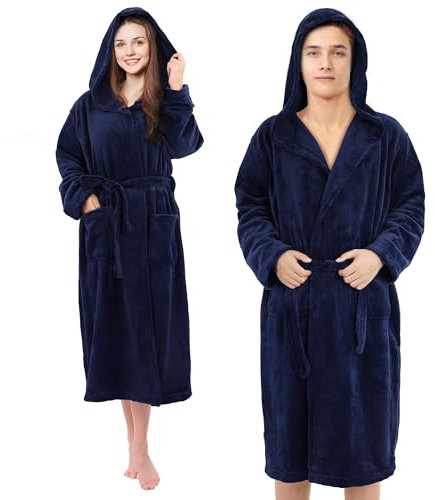 Pameil Bademantel für Damen & Herren Flauschig Morgenmantel mit Kapuze & aufgesetzten Taschen Mikrofaser Coral Fleece (DE/NL/SE/PL, Alphanumerisch, 3XL, Regular, Regular, Dunkelblau)