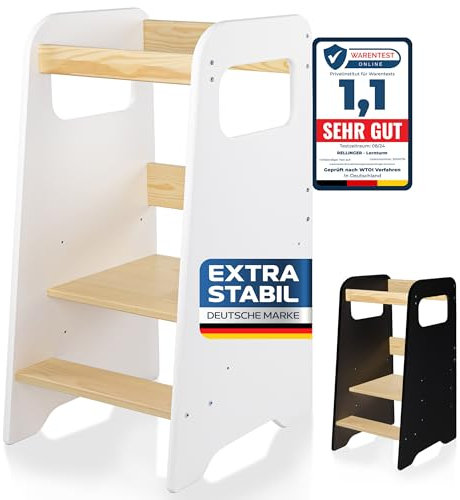 Rellinger® Lernturm ab 1 Jahr [EXTRA KIPPSICHER] - inkl. Montagezubehör - Lernturm Montessori - Montessori Lernturm höhenverstellbar (bis zu 50kg belastbar) - Learning Tower 3 Level - Kinder Lernturm