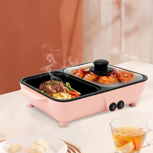 OCASAMI 2 in 1 Electric Hot Pot with Grill, Non-Stick Electric Hot Pot and Frying Pan Fast Heating Baking Pan Multifunctional Nonstick Griddle for BBQ, Steaks, Noodles & More