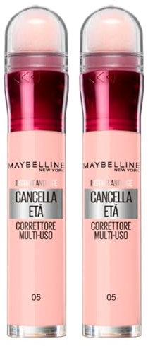 Maybelline New York Correttore Multiuso Instant Anti-Age Cancella Età Colore 05 Rosa Illuminante con Applicatore a Spugnetta - 2 Cosmetici