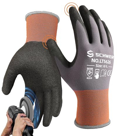Schwer 3/6/12 Pairs Work Gloves Sandy Nitrile Coated LT5626, Level 6 Abrasion Resistant (Certified) Heavy Duty Working Gloves with Grip for Men Women, Touch-Screen, for Gardening, Construction, L
