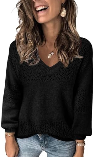 Fisoew Maglione da Donna con Scollo a V, a Maniche Lunghe, a Costine, Leggero, a Maglia, Casual, Nero , M