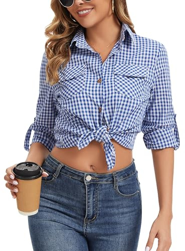Camisa Cuadros Algodón Lino Mujer Franela Camisa Leñador Blusas Basiccon Botones Camisetas Cuello V Manga Larga Oficina Básico Vintage Western Casual Azul Blanco XL