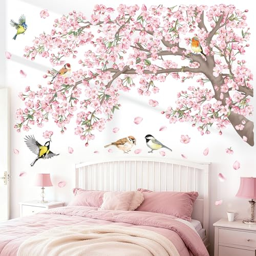 decalmile Pegatinas de Pared Flor Rama de Árbol Grande Rosa Vinilos Decorativos Flor de Cerezo Rosa Pájaros en Rama Adhesivos Pared Habitación Niña Dormitorio Salón