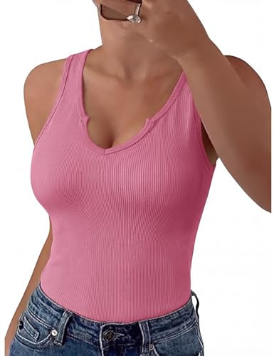 PASUDA Canotta a Costine Donna Estiva Spaghetti Top Estivo Scollo a V Slim Fit Senza Maniche Canottiera Donna Casual Sexy Canotte Tinta Unita Tank Top Elasticizzato (Rosa, L)