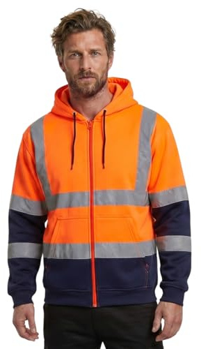 Hi Vis Viz Zip Hoodie Fleece Jacket Men Full Zip High Visibility Workwear Sweatshirt Reflective Tape Safety Hooded Jumper Orange Navy M