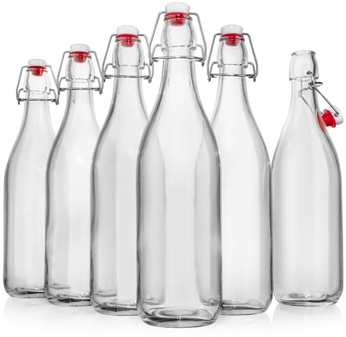 Swing Top Glass Bottles [1 Liter / 33 fl. oz.] [Pack of 6] – Flip Top Coquito Bottles for Kombucha, Fermentation, Beer, Kefir, Wine – Airtight Stopper Lids with Extra Gaskets, Funnel, Labels & More