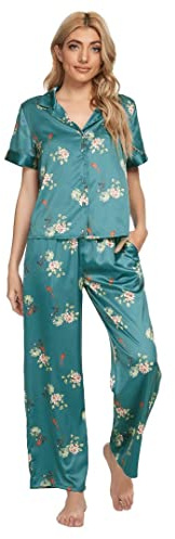 GOSO Ladies Satin Pyjamas Women Pyjamas Button Down Pjs for Women Sets Short Sleeve Sleepwear Lady Nightwear Soft Lounge Sets Green Floral