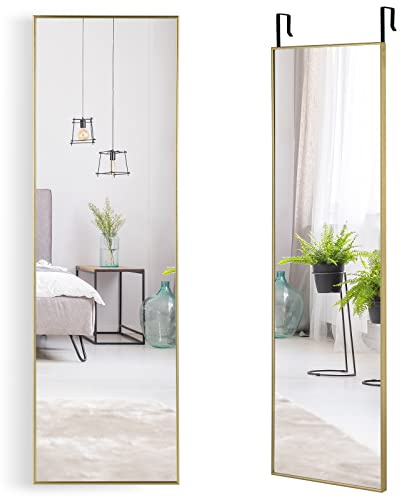 COSTWAY Specchio da Parete Lungo, Specchio a Figura Intera Appendere con Cornice in Lega di Alluminio e Ganci, Per Camera da Letto e Soggiorno, 120 x 37 cm (Oro)