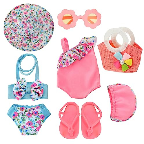 Kajaia 8 Pcs 18 Inch Doll Clothes and Accessories Summer Dolls Swimsuits Beach Playsets Include Doll Swimsuit Bikini Dress Flip Flops Hat Sunglasses Handbag Swim Accessories for 18 Inch Girl Dolls