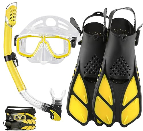 HH HHAO SPORT Snorkelset för vuxna med fenor, snorklingsutrustning i resestorlek med korta justerbara simfenor, högkvalitativ dykmask och torr topp snorkel med bärväska