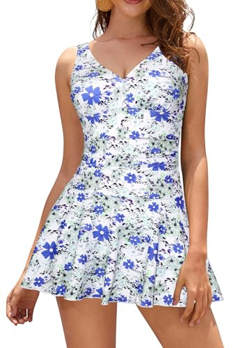 SHEKINI - Costume da bagno intero da donna, con scollo a V, elegante, con gonna, stile rétro, arricciato, controllo della pancia, gonna da nuoto, tankini, L