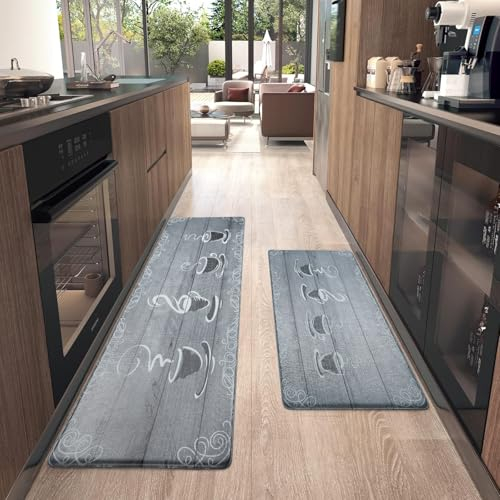 Alishomtll Küchenteppich Läufer 2 Stück, rutschfest Waschbar Küchenläufer, 10mm Anti-Müdigkeit Gummirücken Küchenmatte, Wasserdicht Ölbeständig Weich Teppich für Küche Esszimmer Flur, 44x75CM+44x150CM