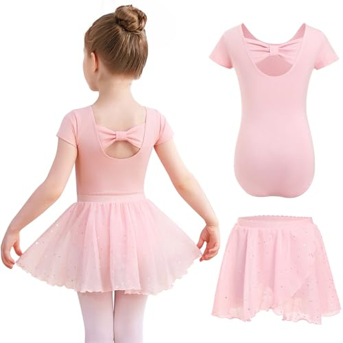 Eisnnu Girls Ballet Dress Cotton Short Sleeved Ballet Leotards with Removable Sequined Chiffon Skirt for Kid Children Toddler (Pink, 110)