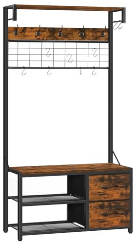 HOOBRO Garderobenständer, Schuhregal mit Garderobe, Garderobe mit Sitzbank, Eingangsmöbel mit Haken und Schubladen aus Vliesstoff, für Wohnzimmer, Flur, Vintagebraun und Schwarz EBF08MT01