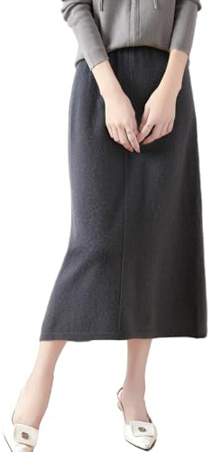 Ailaile Mid Length Skirt Women Fall Winter 100% Merino Wool Knit Long Skirt Ribbed Elastic Solid Casual Warm Skirt Grey