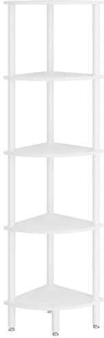 IBUYKE 5 Tier Corner Shelf Stand,Industrial Corner Display Rack,Corner Bookshelf for Living Room, Bedroom, Kitchen, Home Office, White WBC010W