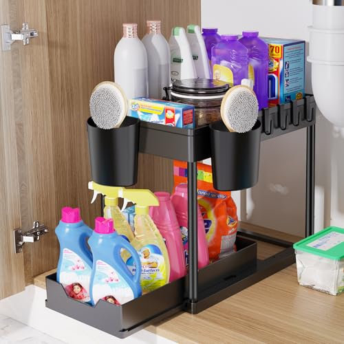 KOOSREEL Rangement sous Evier 2 Niveaux, Coulissant Organiseur sous Évier Etagere Tiroir,Panier de rangement multifonction pour salle de bain, étagère sous placard, étagère de lave-vaisselle - Noir