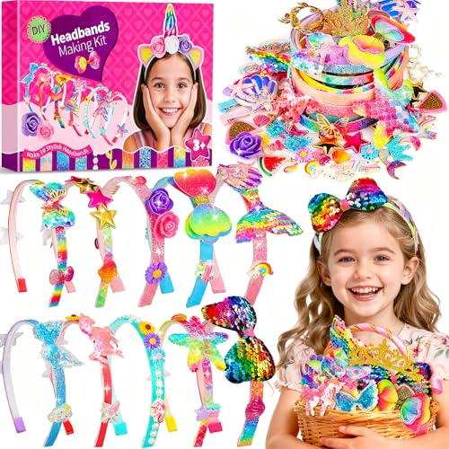 Pourbibi Girls Birthday Presents,Hair Accessories for Girls,Multi Themed-Unicorn,Mermaid,Flower Headband Kit for Girl Age 3+,10PCS,Gifts for 3-8 Year Old Girl,Easter Gifts for Kids,Girls Easter Gifts