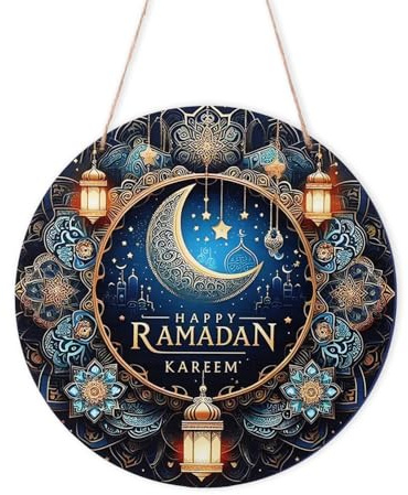 Letrero de Puerta de Ramadán, 20cm Madera Letrero Colgante de Puerta de Ramadán Letrero de Eid Mubarak Decoración de Puerta de Ramadán para Porche Casa de Campo Puerta de Entrada Pared