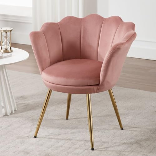 Chairus Sminkbordstol, Muschel Sessel av Samt, Armlehnstuhl, Loungestol med gyllene ben, Armlehnenstol för vardagsrum, Mörkrosa