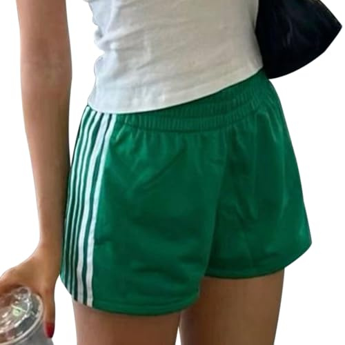 Women Striped Track Shorts Vintage Elastic Waist Loose Running Athletic Workout Shorts with Pockets (Y-Green, M)