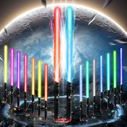 VATOS 2 Stück Wiederaufladbare Metall-Lichtschwerter für Kinder,15 Farben LED-Lichtschwert mit Kampfsoundeffekten,2-in-1 Abnehmbares Lichtschwert Spielzeug für Kinder Erwachsene Cosplay Halloween
