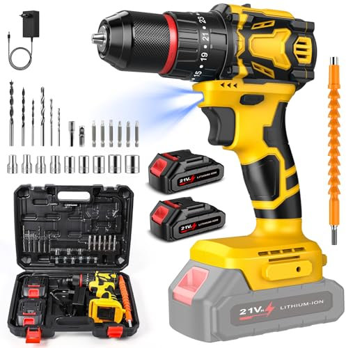 Taladro Percutor a Bateria, 70 Nm Destornillador Electrico con 2 x 1.5Ah Baterías, 25+3 Ajuste de Par, 2 Velocidades, Luz LED, 10mm Portabrocas Metálica, para Reparaciones en El Hogar (Amarillo)