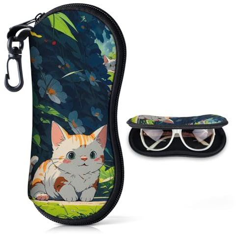 Etui Lunettes Étui a Lunette Souple en Néoprène pour Femmes&Enfant&Fille Portelunettes de Protection Rangement Lunettes de Soleil avec Fermeture Eclair étui à Lunettes avec Mousqueton (Chat Orange)