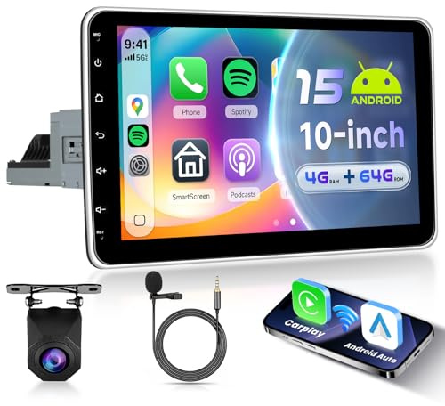 VECHTEL 4G+64G Android 15 Bilradio 1 Din med trådlös Android Auto Carplay, Roterande bilradio Carplay 10 tum HD-pekskärm, stöd Bluetooth FM-radio RDS GPS Wi-Fi-länk, spegel, USB-kamera