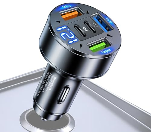 Billaddare, 5 portar snabbladdande billaddningsadapter, CarS USB C-adapter med flera portar 3 USB + 2 PD, supersnabb USB-laddning kompatibel med flera enheter för telefonsurfplattor och mer
