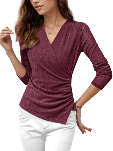 Womens Long Sleeve Sparkly Wrap Tops, Fitted V Neck Asymmetrical Hem Mesh Top Dressy Party Blouse Rosered