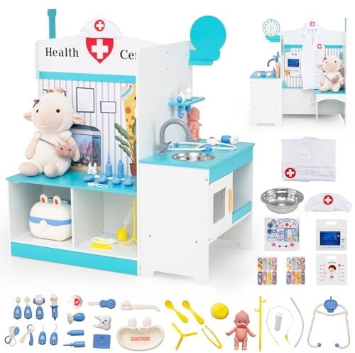 DREAMADE Malette Docteur Enfant, Kit Médecin en Bois avec Salle d'Examen, Zones d'accueil et d'Attente, Évier, Centre d'Activités Médical avec Accessoires pour Garçons et Filles de 3+ Ans (Bleu)
